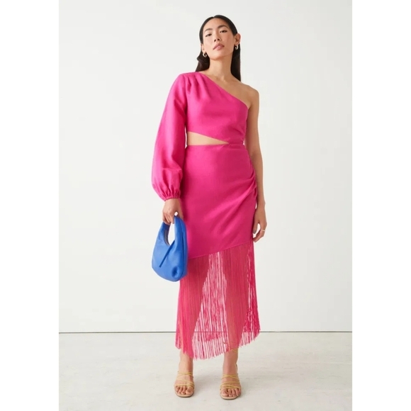 NEW! & Other Stories | Fringed One-Shoulder Midi Dress in Pink - Picture 2 of 13
